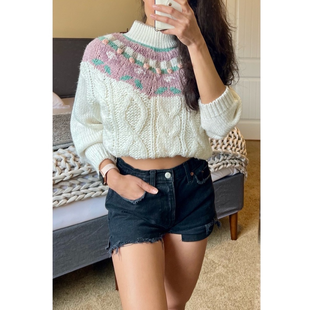 Vintage Cabin Creek Fair Isle Fisherman Knit Popcorn Cream Ivory Sweater